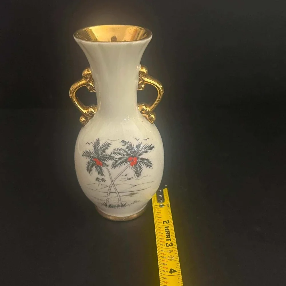 Tropical Palm Tree Gold Handles Vintage Bud Vase Cream Gold Trim Mid-Century